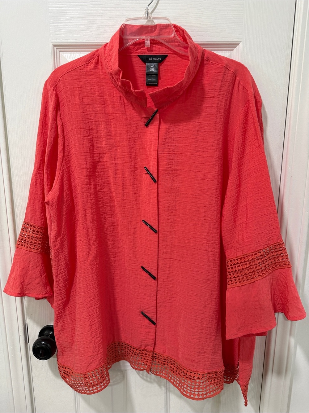 Ali Miles Coral Red, Asian style Button-Front Lightweight Blouse